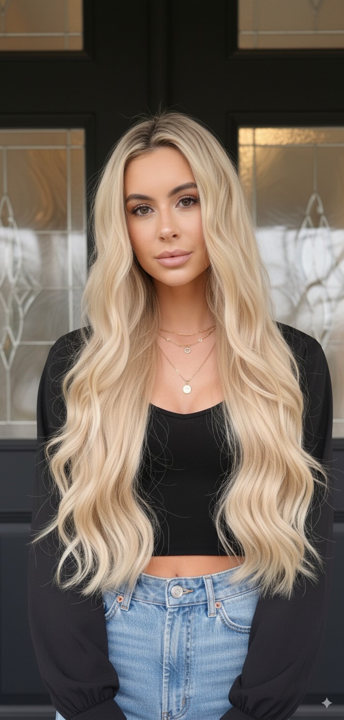 Platin sarı dalgalı uzun saç kaynak